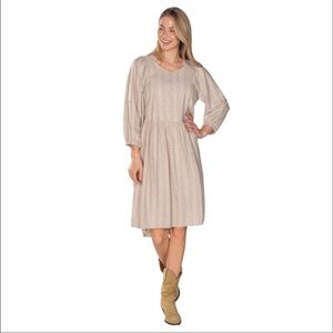 Linda Anderson Gold Sparkle Linen Blend Puff Sleeve Beige Dress Women’s Size L